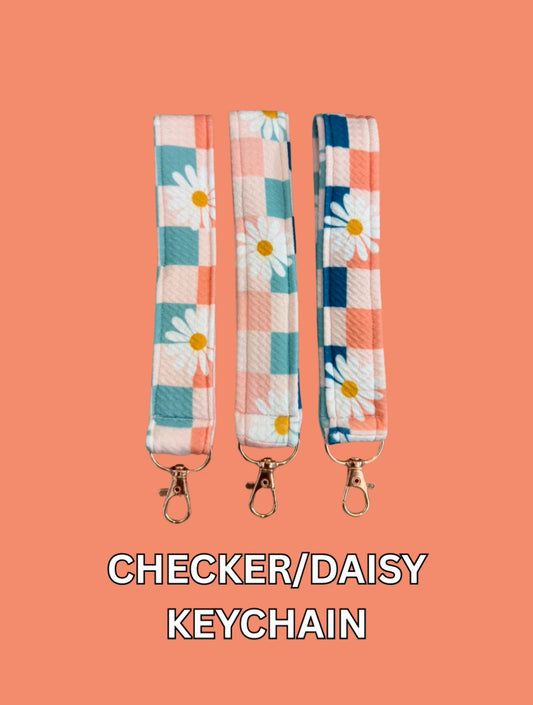 Daisy/Checker Keychain - Pink and Blue Checker Pattern with Floral Accents Key Fob